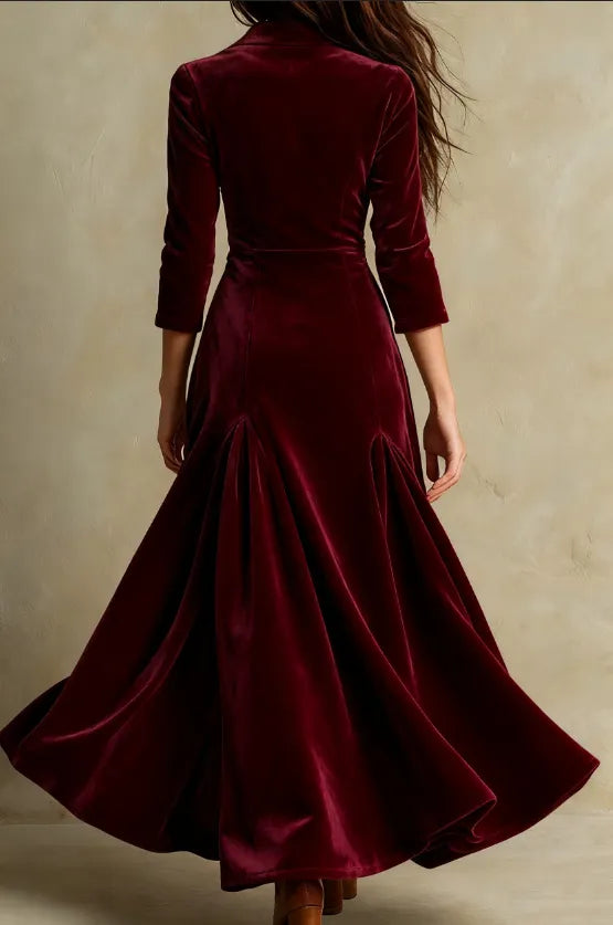 Brown Elegant Retro Suit Collar Velvet Long Dress