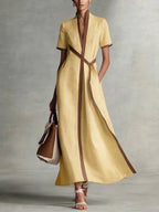 Women's V-neck Short-sleeve Casual Loose Cotton-linen Dress