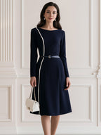 Women's Elegant Long Sleeve Contrast Piping A-Line Midi Dress with Belt