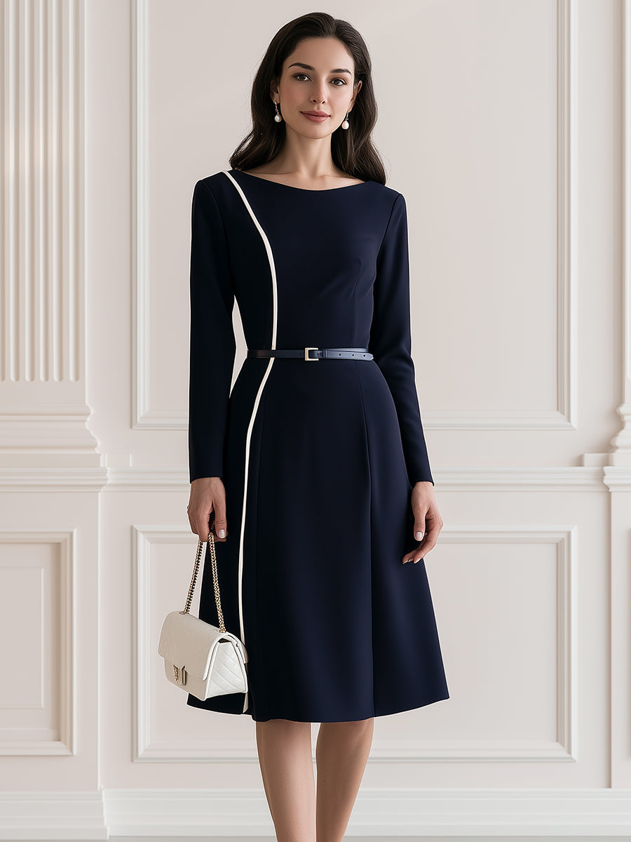 Women's Elegant Long Sleeve Contrast Piping A-Line Midi Dress with Belt