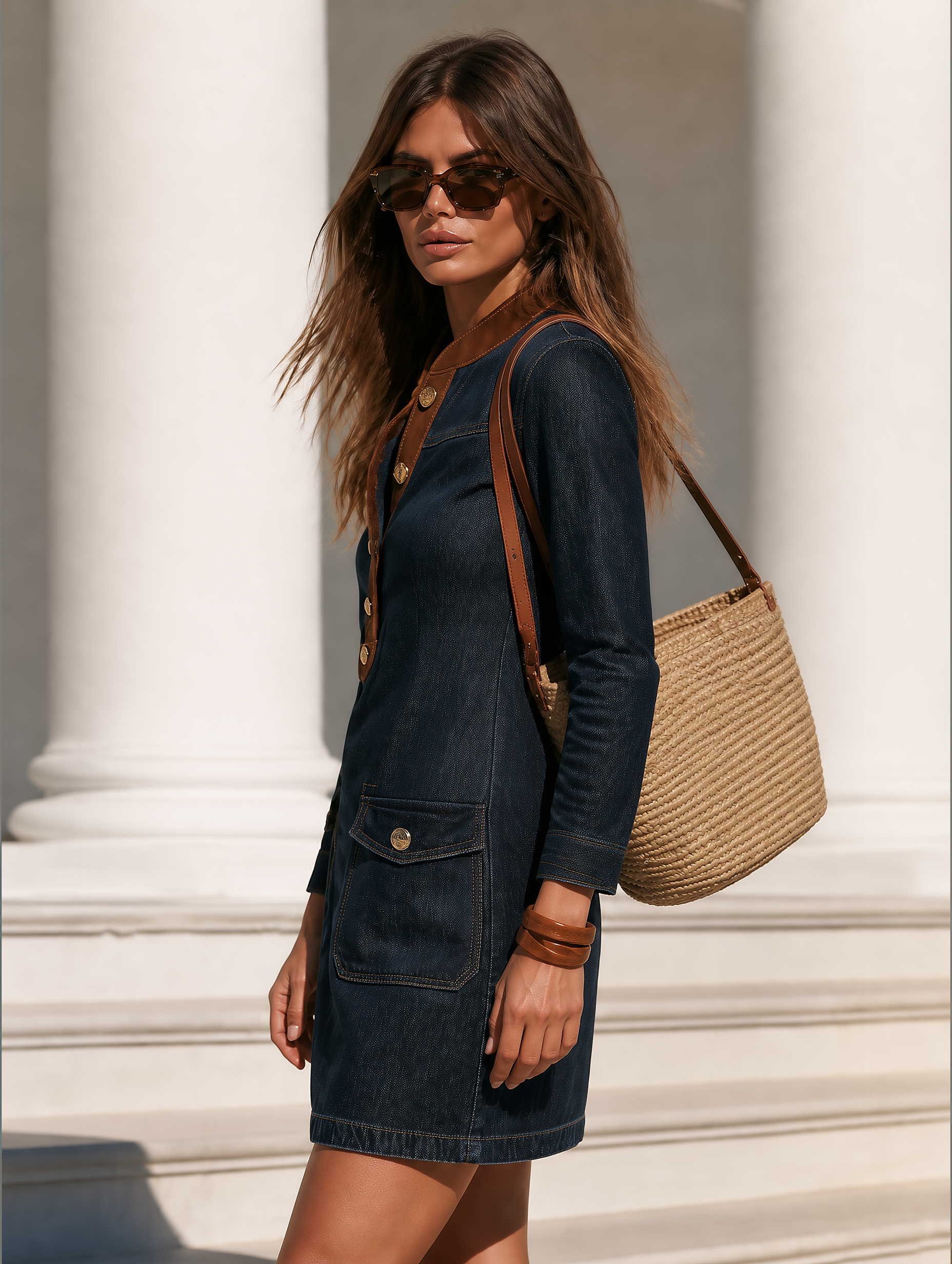 Retro Color-Block Collar Denim Mini Dress