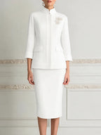 White Stand-Collar Floral Appliqué Fitted Suit And Pencil Skirt Set