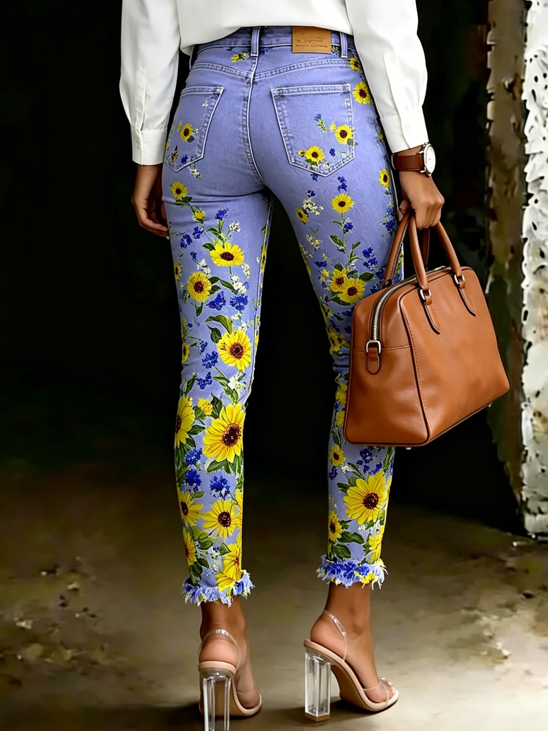 Women's Sunflower Gradient Floral Art Print Spots Ripped Skinny Jeans