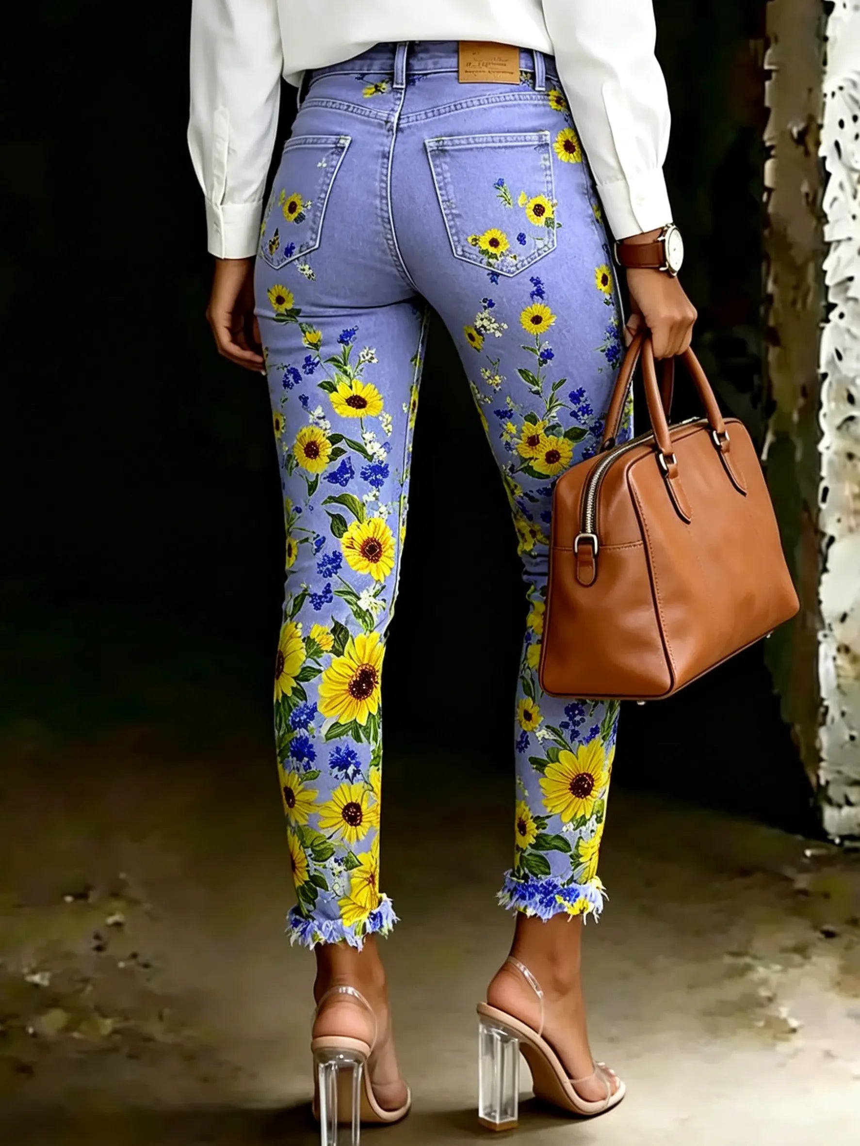 Women's Sunflower Gradient Floral Art Print Spots Ripped Skinny Jeans