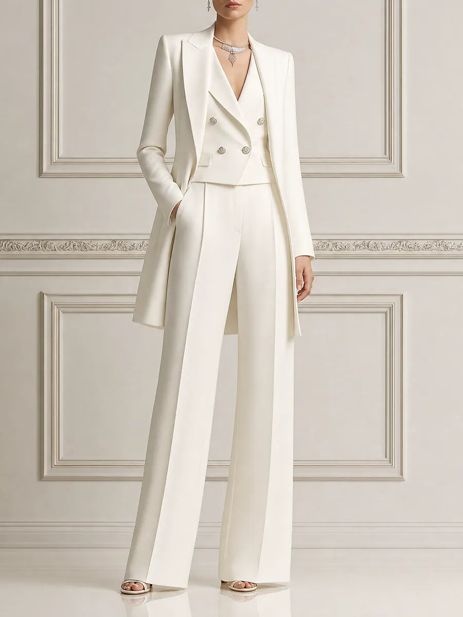White Tailored Coat Blazer & Wide Leg Pants Three-Piece Set