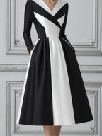 Black White Dress Fall Wedding Guest Dress Contrast Wrap A-Line Midi Dress