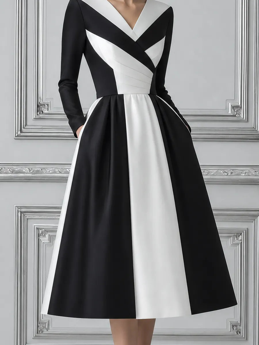Black White Dress Fall Wedding Guest Dress Contrast Wrap A-Line Midi Dress