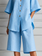 Sky Blue Linen Shirt & Bermuda Shorts Two-Piece Set