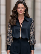 Classic Shirt Collar Leopard Print Sleeve Satin Blouse