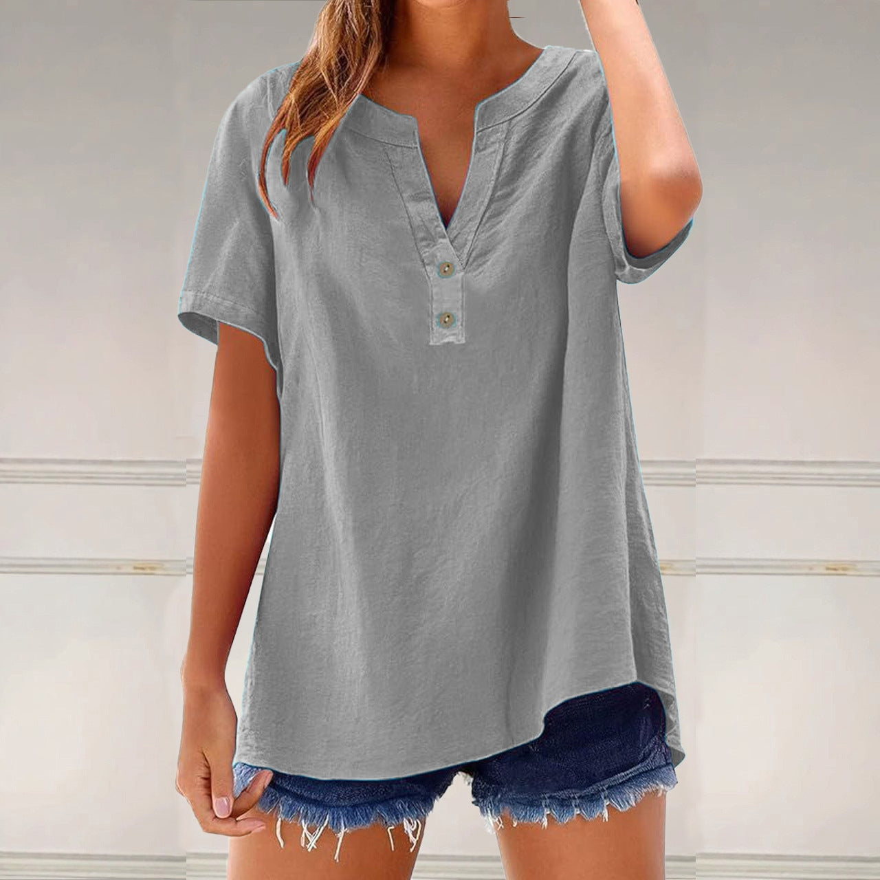 Solid Color Linen Blended V-neck Loose Blouse
