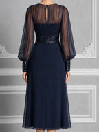 Navy Sheer Chiffon Bishop Sleeve Sequin Waist A-Line Midi Dress