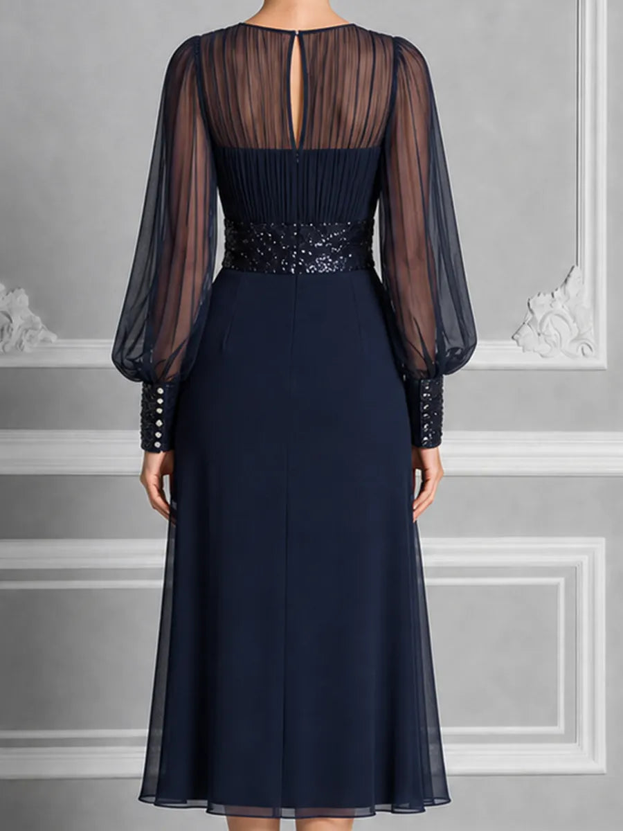 Navy Sheer Chiffon Bishop Sleeve Sequin Waist A-Line Midi Dress