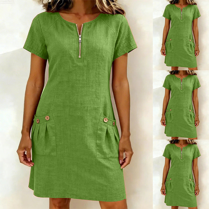 Solid-Color Round-Neck Fashion Dress