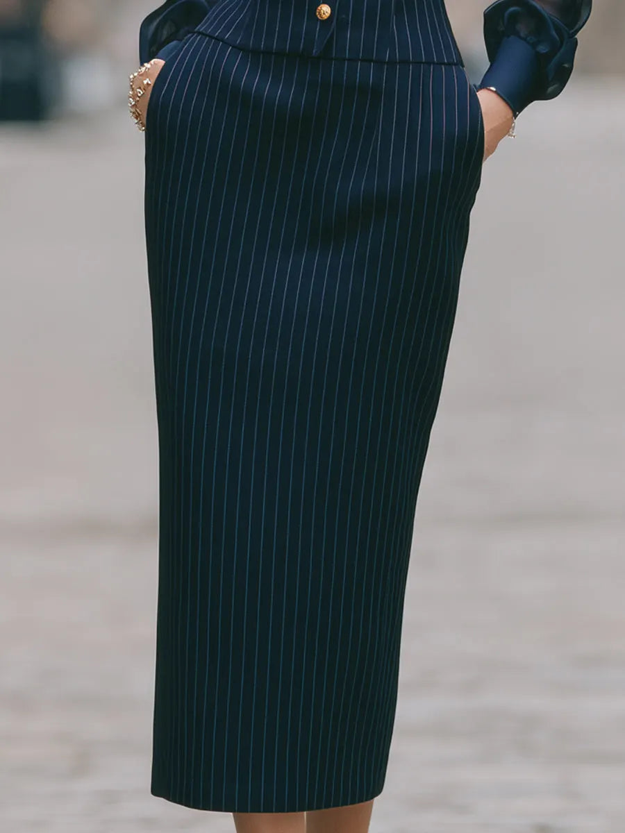 Pinstripe Sheer Sleeve Two-Piece Tailored Set