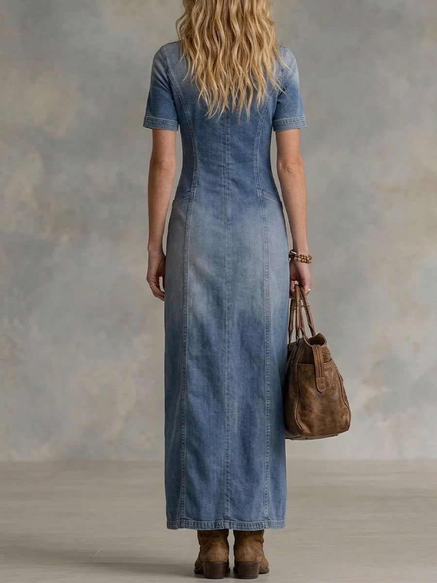 Women's V-neck Short-sleeve Ruffled Denim Dress