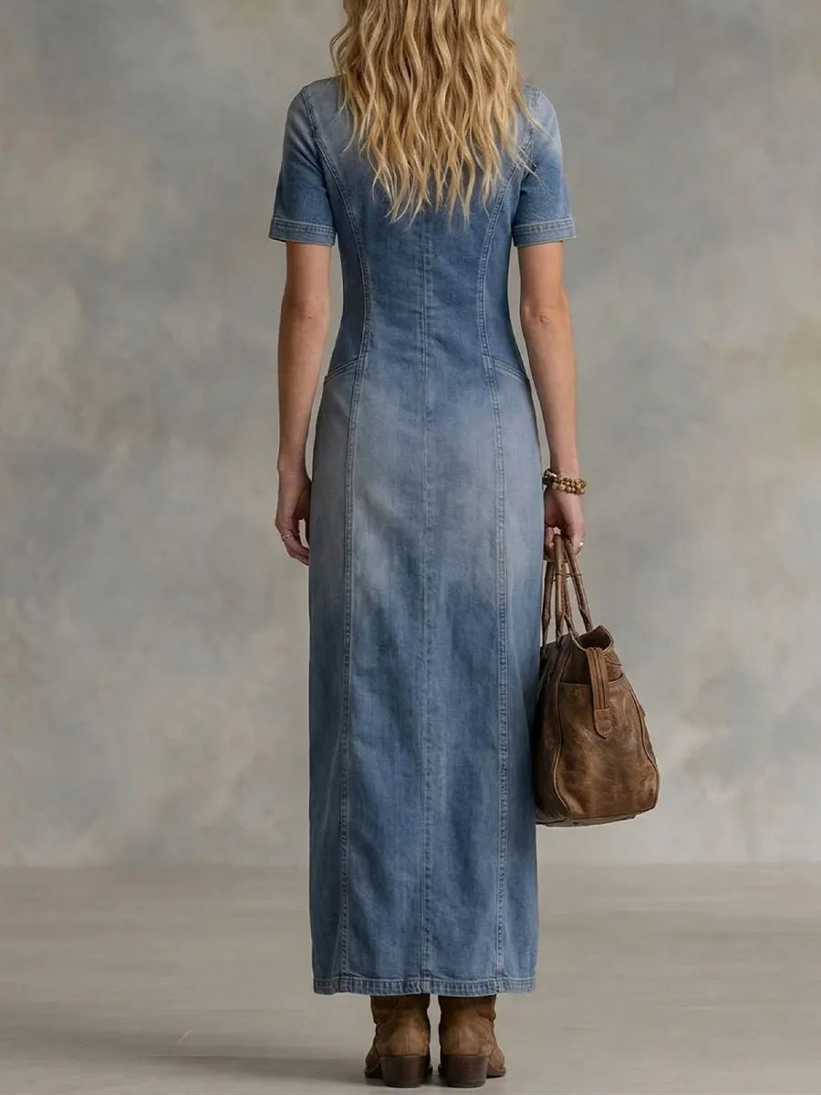 Women's V-neck Short-sleeve Ruffled Denim Dress
