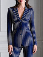 Vertical Stripe Notched Lapel Blazer & Flare Pants Suit