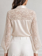 Elegant Floral Lace Satin Patchwork Collared Blouse