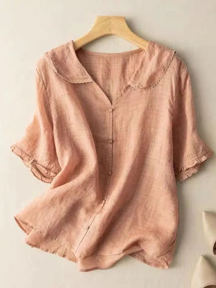 Women's Casual Lapel Linen Solid Shirt