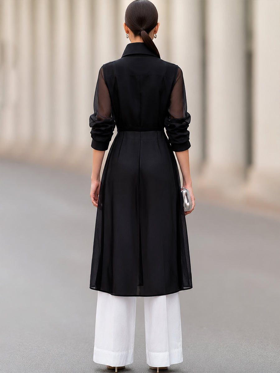 Elegant Sheer Organza Long Shirt-Style Jacket & White Wide-Leg Trousers Two-Piece Set