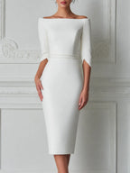 White Dress Off Shoulder Pearl Trim Pencil Midi Dress