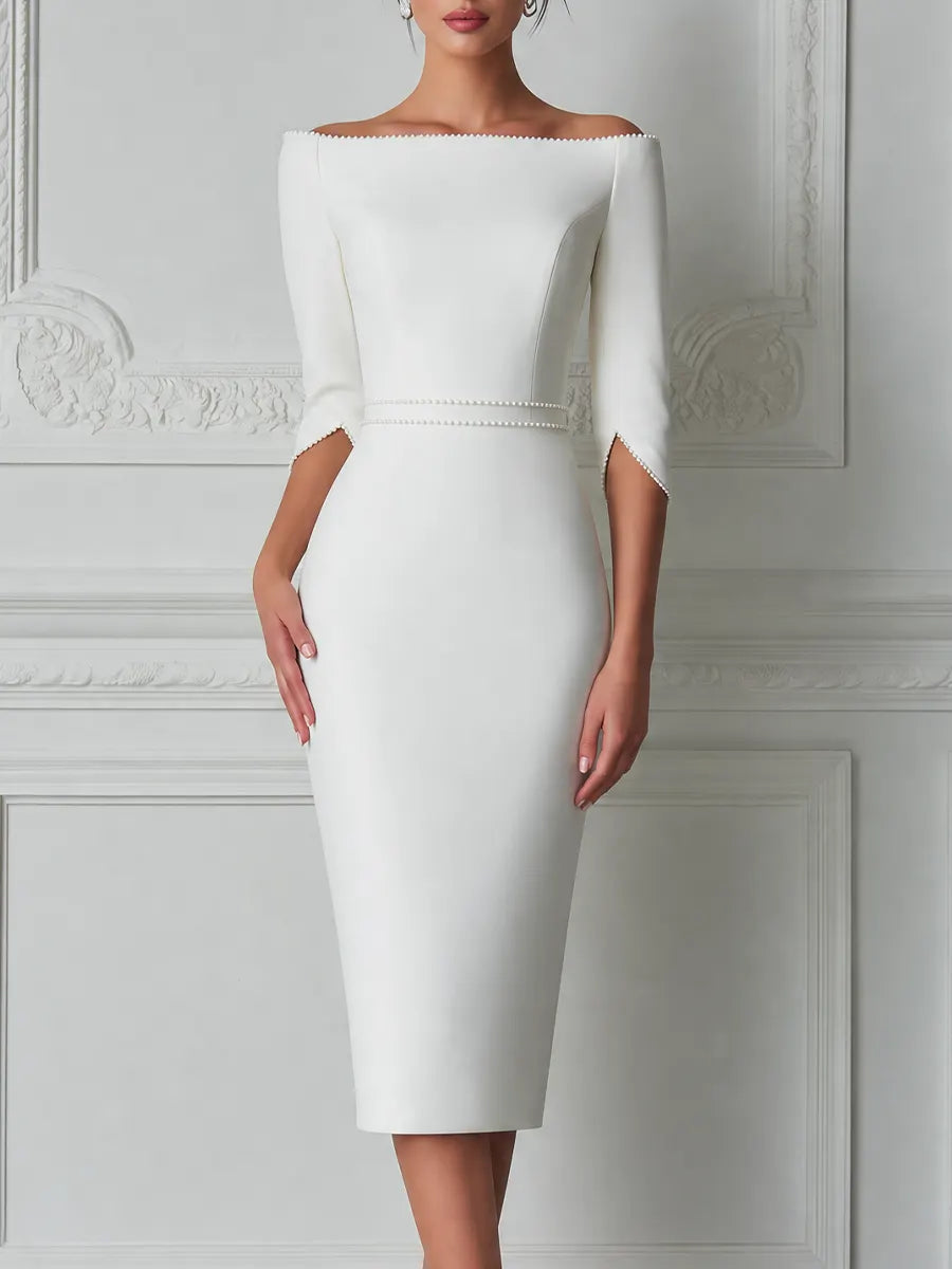 White Dress Off Shoulder Pearl Trim Pencil Midi Dress