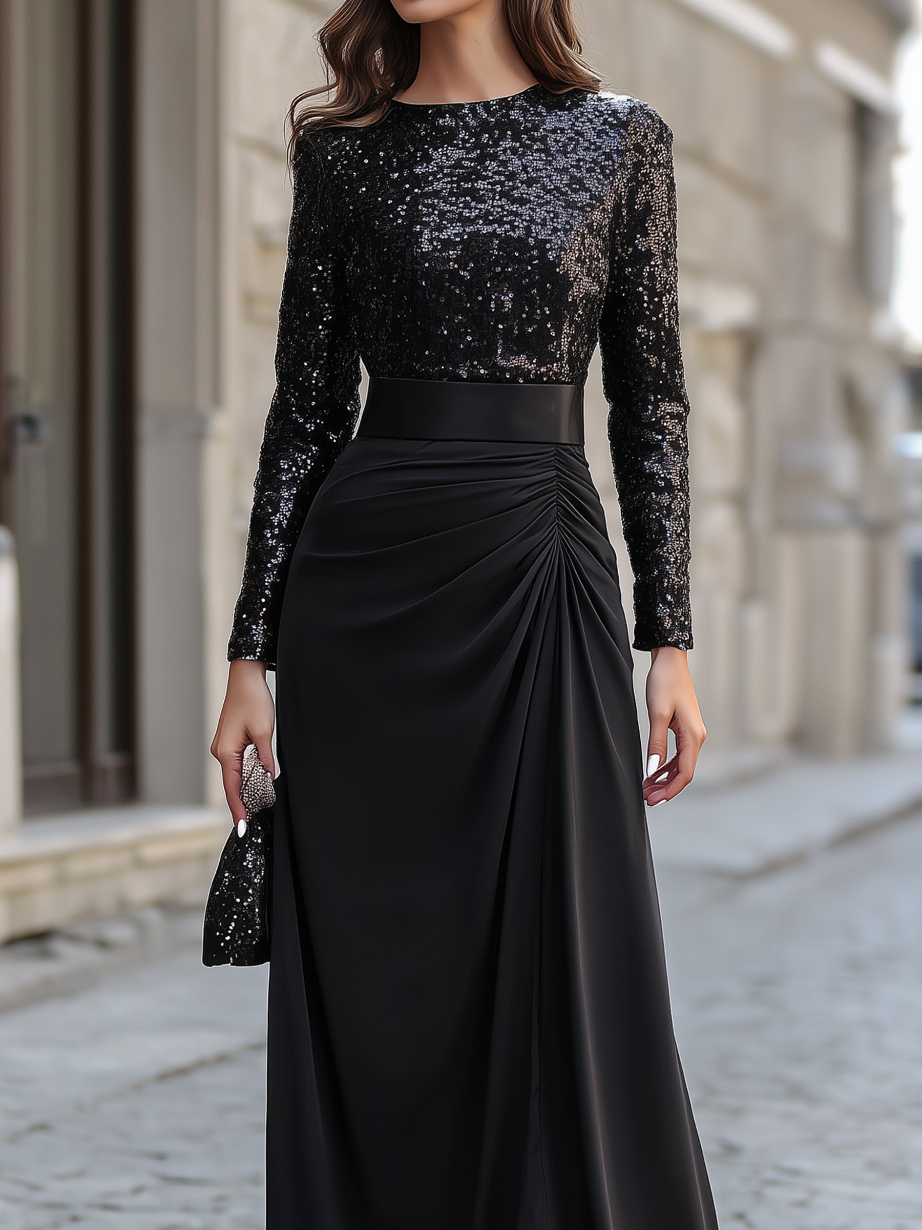 Sequin Spliced Ruched Maxi Gown