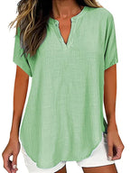 Solid Color V Neck Short Sleeve Linen Blend Shirt