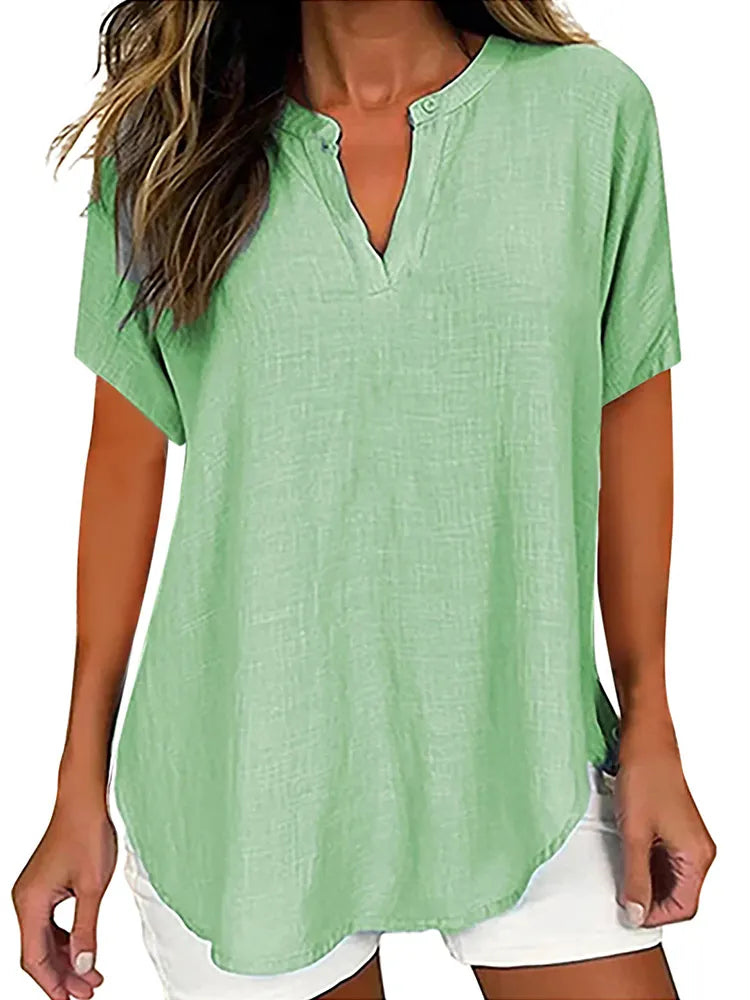 Solid Color V Neck Short Sleeve Linen Blend Shirt