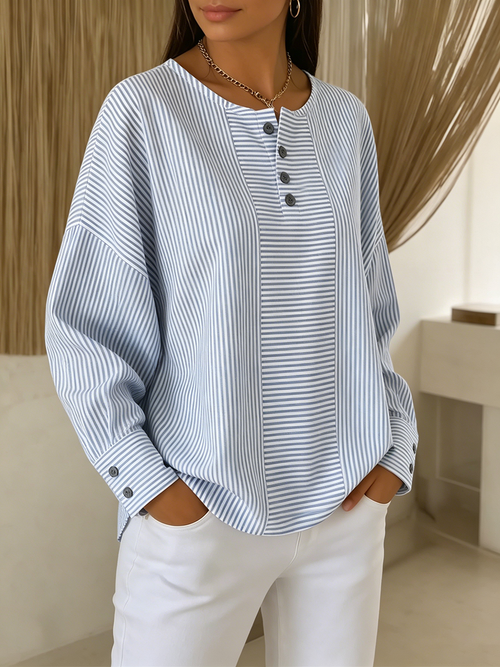 Artistic Cut Striped Cotton-linen Shirt Blouse