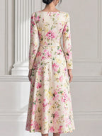 Watercolor Floral Print Satin High Waist A Line Midi Dress
