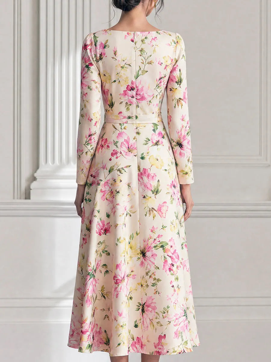 Watercolor Floral Print Satin High Waist A Line Midi Dress
