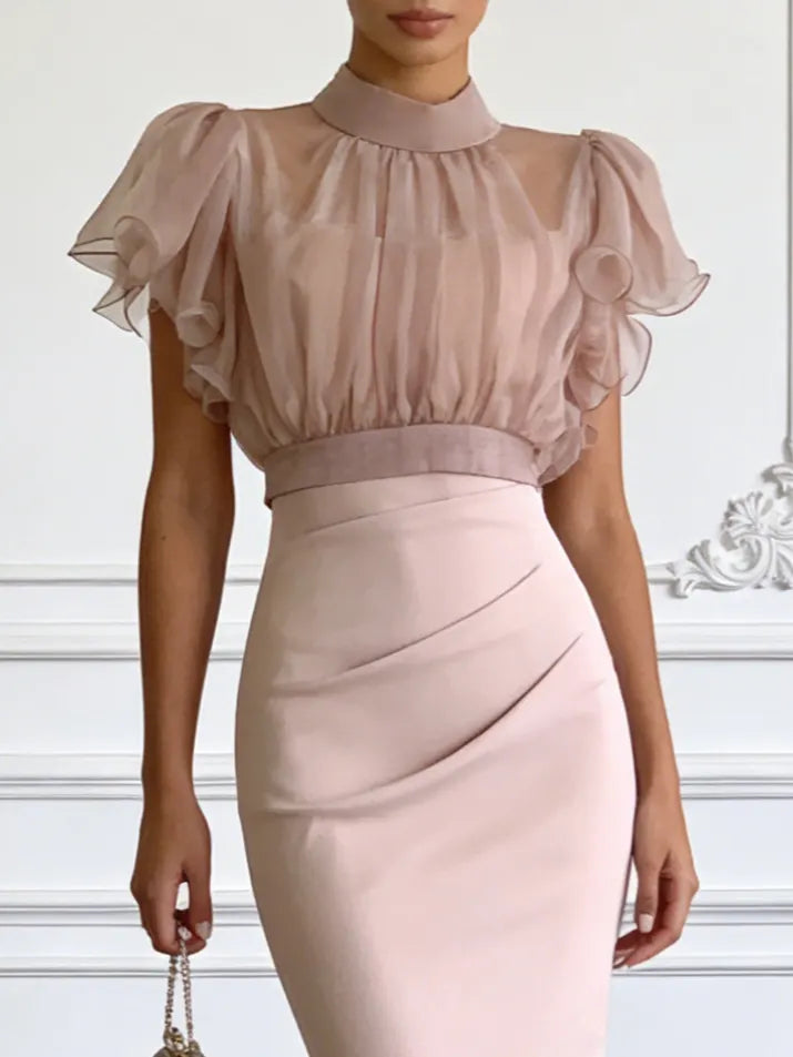 Women Pink Mock Neck Short Sleeve Dressy Dress With Top Two-Piece Set