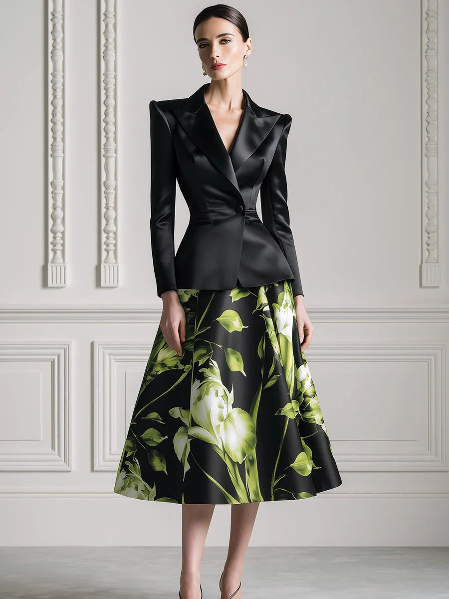 Satin Peplum Blazer & Floral Print A-Line Midi Skirt Set