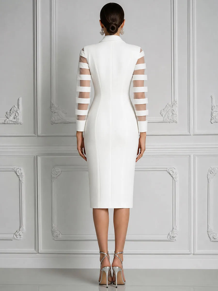Sheer Panel Sleeve Tailored Blazer Midi Dress
