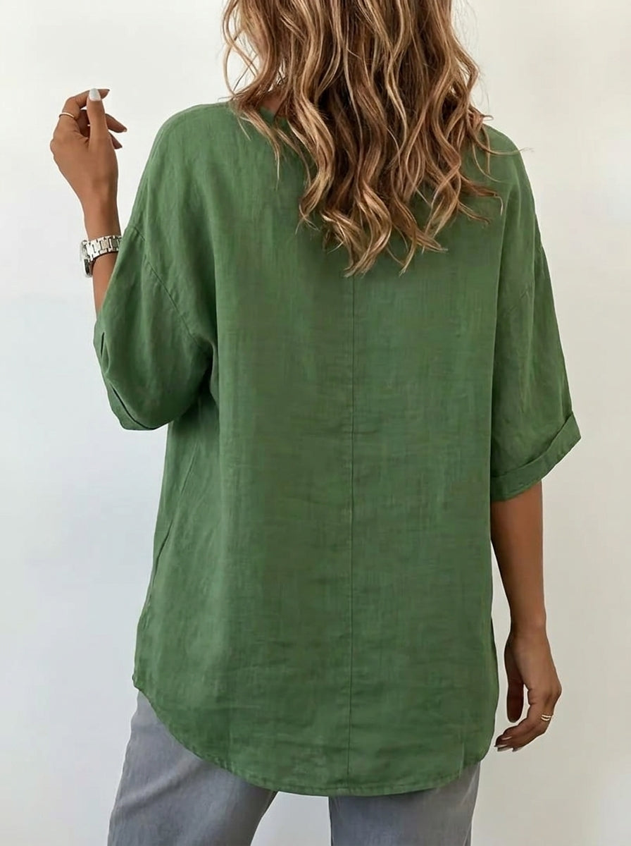 Women's Casual Loose V-neck Solid Color Short Sleeve Shirt