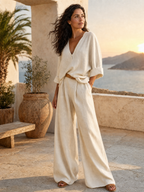Off White Natural Linen Loose Fitting Resort Wear Set