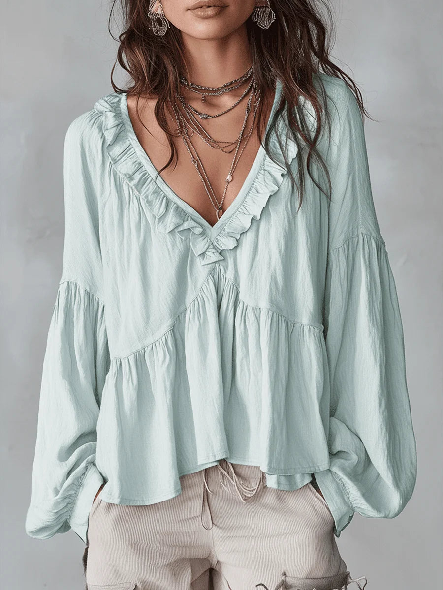 Women's Solid Color Retro Ruffled Casual Cotton Linen Shirt