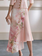 Tweed Peaked-Lapel Blazer & Floral Chiffon Midi Skirt Set