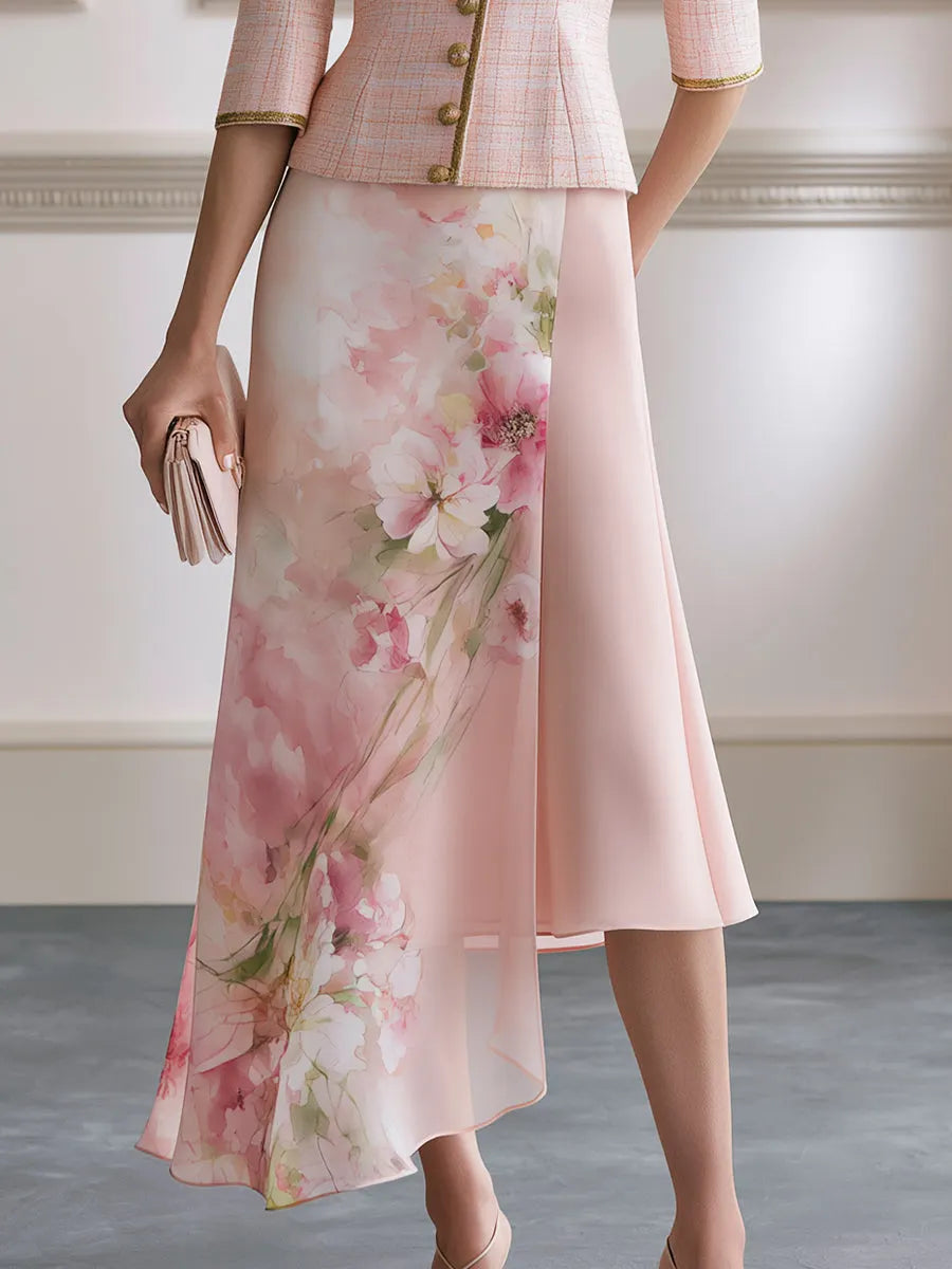 Tweed Peaked-Lapel Blazer & Floral Chiffon Midi Skirt Set
