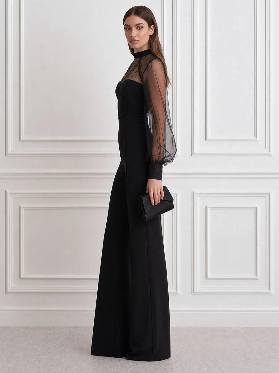 Elegant Mesh Sheer Long Sleeve High Neck Wide Leg Jumpsuit