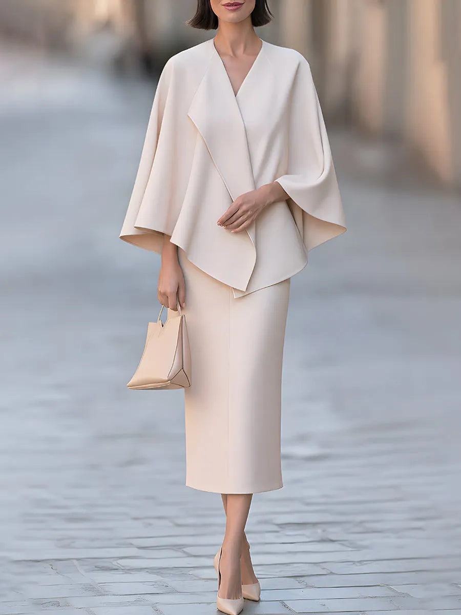 Women's Elegant Cape Poncho Top & Midi Pencil Skirt Two-Piece Set