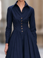 Navy Button Front Long Sleeve A-Line Midi Dress