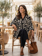 Artisan Cotton Blend Oversized-Fit Monochrome Pattern Poncho Blouse And Pant Set