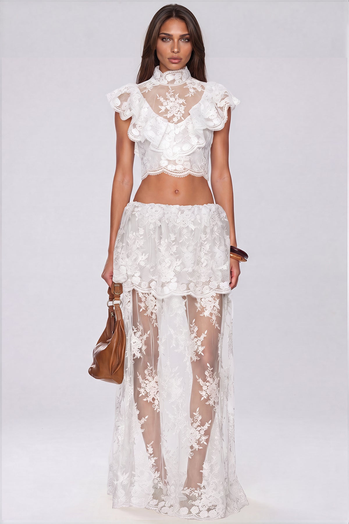 Fergal Lace Ruffle Floral Skirt Set  In White