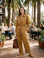 Effortless Cotton Canvas Oversized-Fit Caramel Cargo Jumpsuit