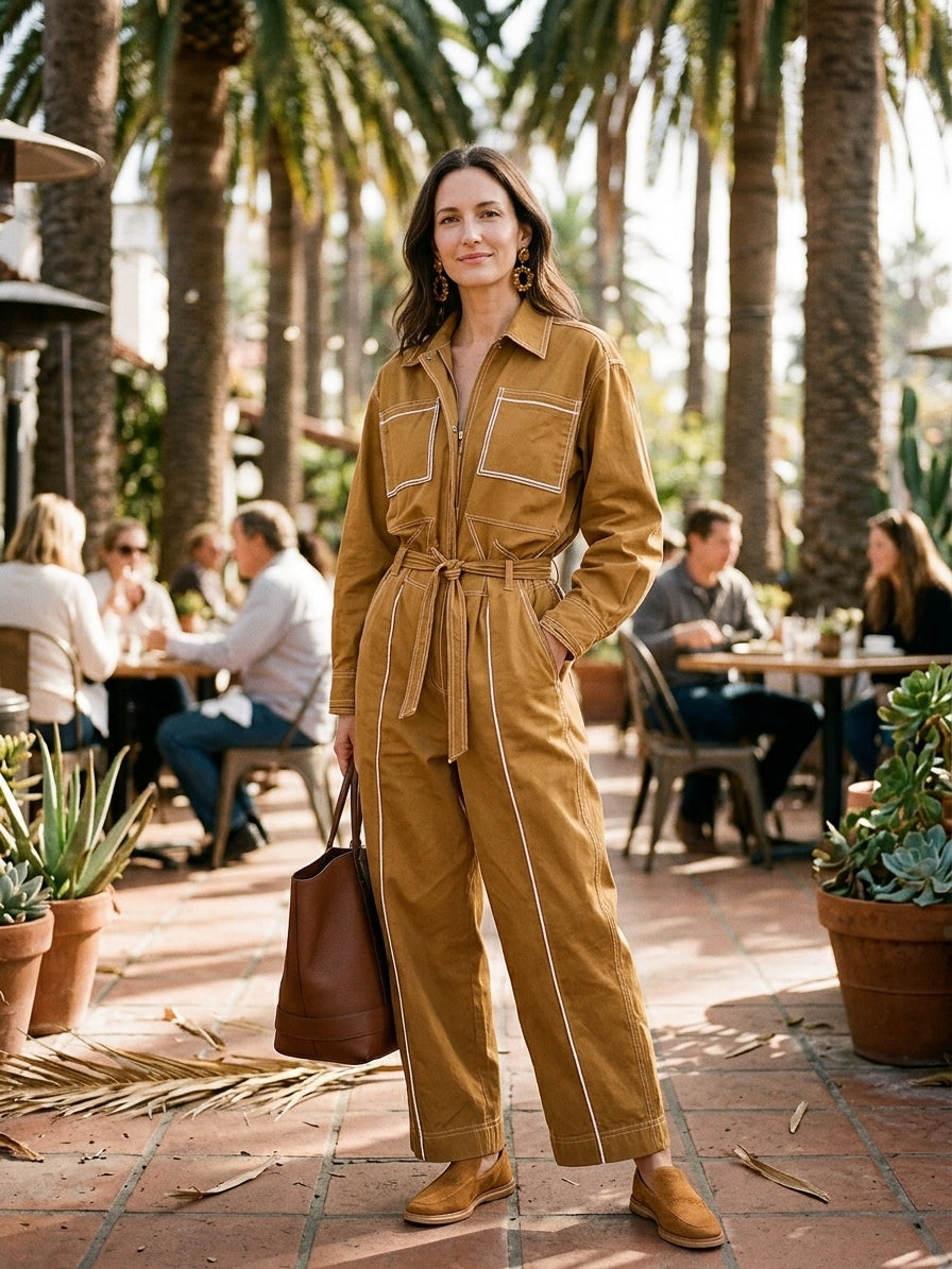 Effortless Cotton Canvas Oversized-Fit Caramel Cargo Jumpsuit