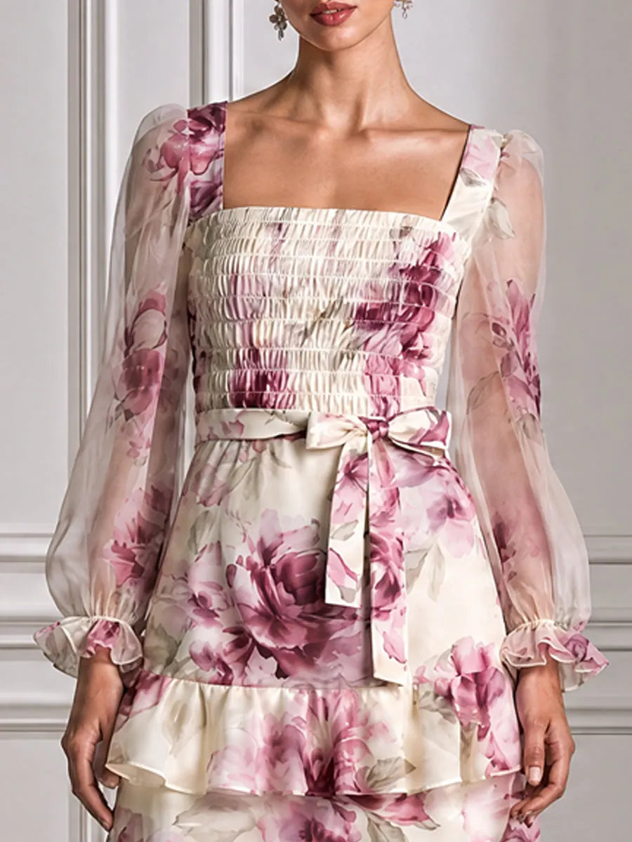 Floral Smocked Sheer Puff Sleeves & Ruffle Hem Midi Dress