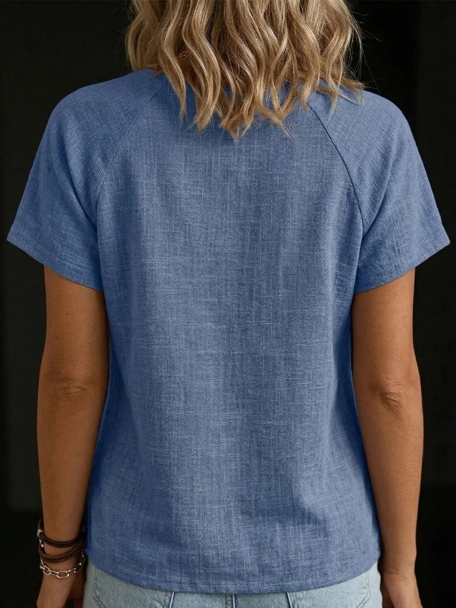 Women's Round Neck Button Splicing Cotton Linen Top