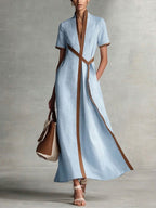 Women's V-neck Short-sleeve Casual Loose Cotton-linen Dress